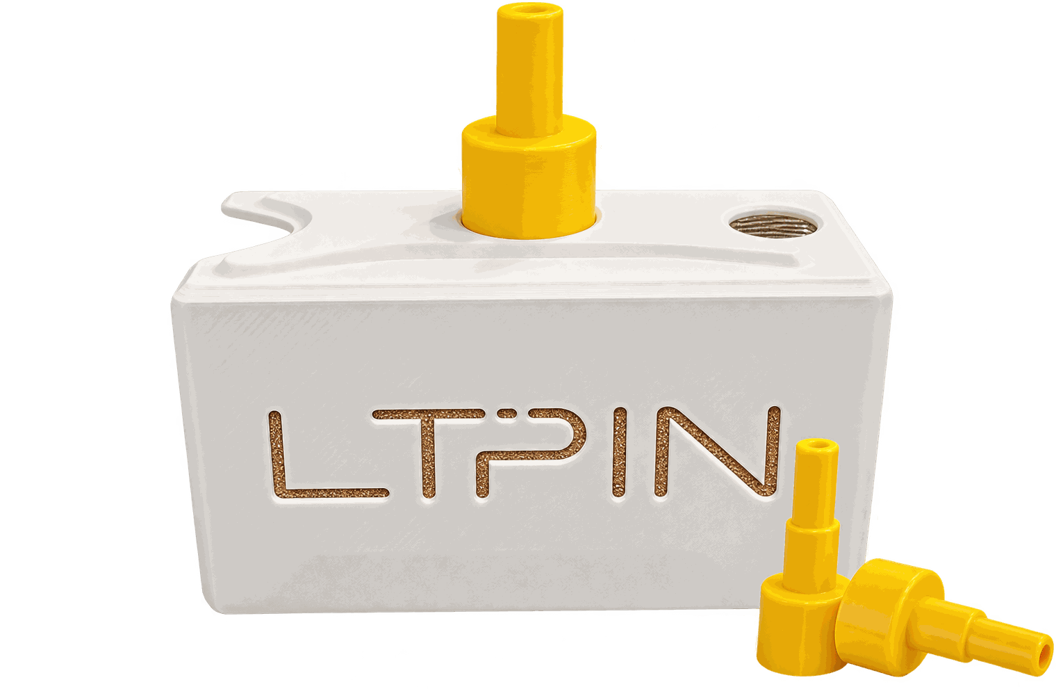 Dispositivo LTPin em detalhe, com os fixadores amarelos