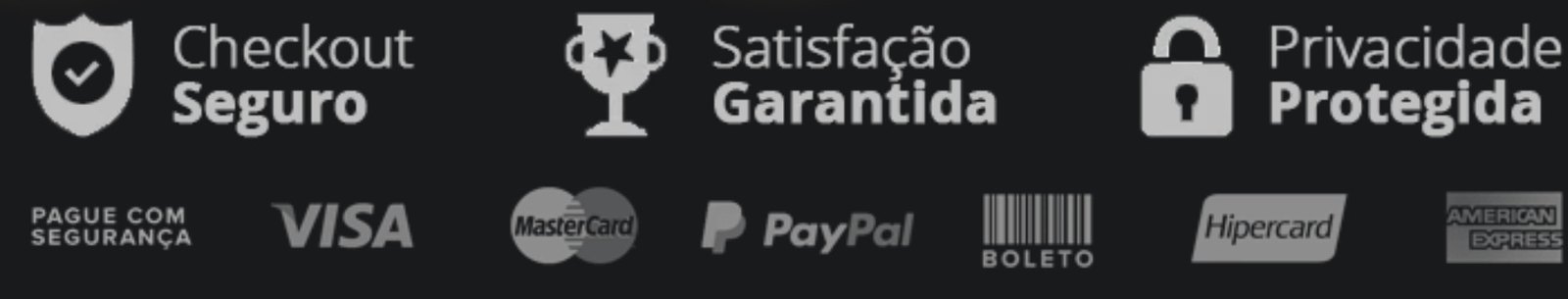 Checkout seguro, satisfação garantida, privacidade protegida e bandeiras de pagamento aceitas
